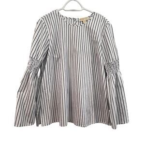 Michael Kors Large Blue White Stripe Blouse Bell Sleeve Smocked Cuff Work Top